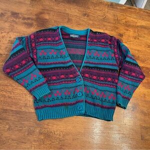 Lands' End Teal and Pink Patterned Cardigan